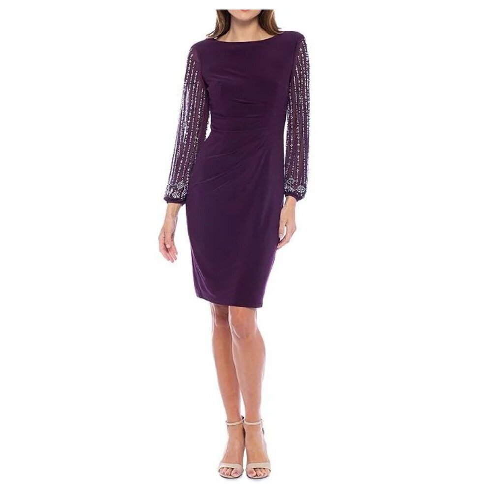 Marina Beaded Mesh Long Sleeve Side Drape Cocktail Dress Size 6 Plum Stretch